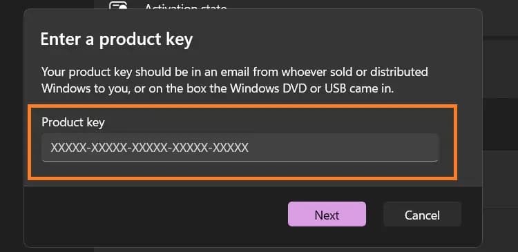 Windows 11 Enter a product key dialog with the 25-character product key field and the Next button