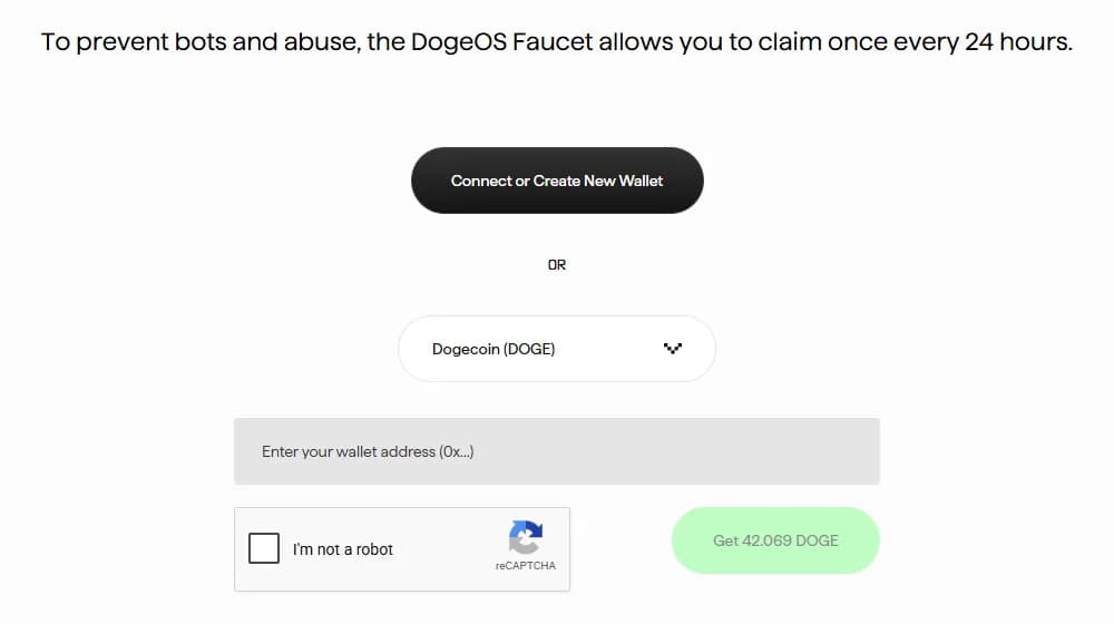 DogeOS faucet with Dogecoin (DOGE) selected, a wallet address field, a reCAPTCHA box and the Get 42.069 DOGE button