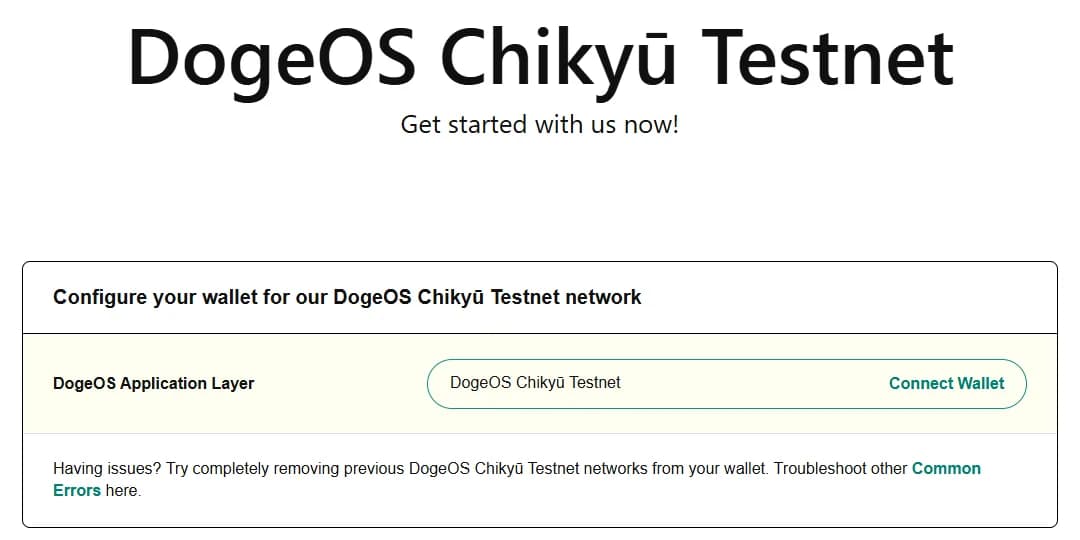 DogeOS testnet portal showing the Configure your wallet box with DogeOS Chikyū Testnet and a Connect Wallet button