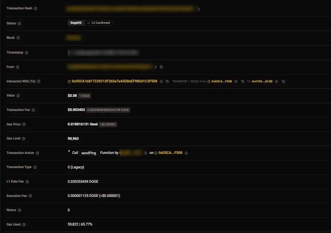 DogeOS L2Scan transaction details for a PingGM GM: L2 Confirmed, sendPing call, 1 DOGE value, L1 data fee 0.030355439 DOGE and execution fee 0.000001125 DOGE