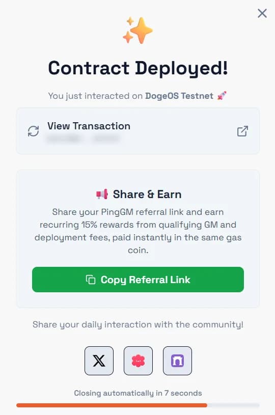 PingGM Contract Deployed dialog for DogeOS Testnet with a View Transaction link
