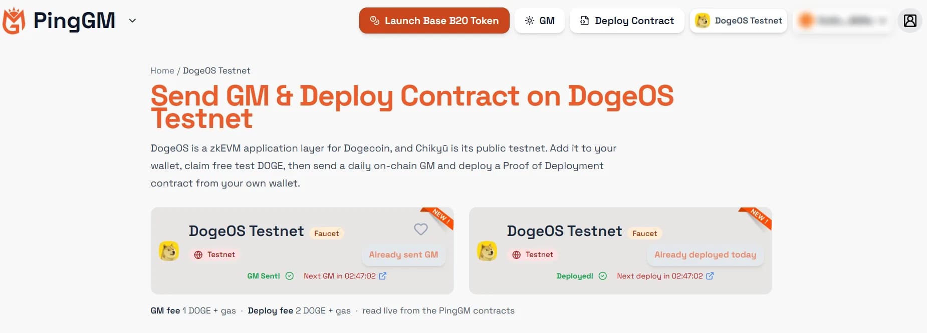 PingGM DogeOS Testnet page with the daily GM card and the Proof of Deployment card, after a GM and a deployment, and the GM and deploy fees shown below the cards