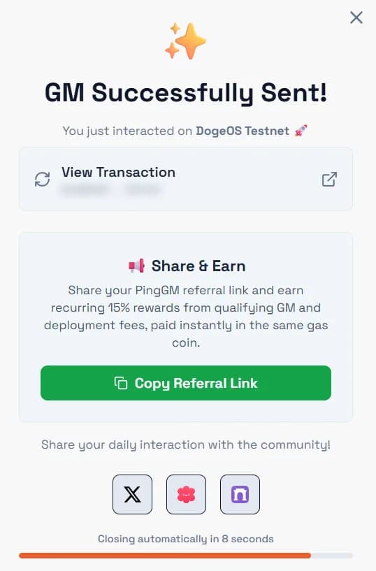 PingGM GM Successfully Sent dialog for DogeOS Testnet with a View Transaction link