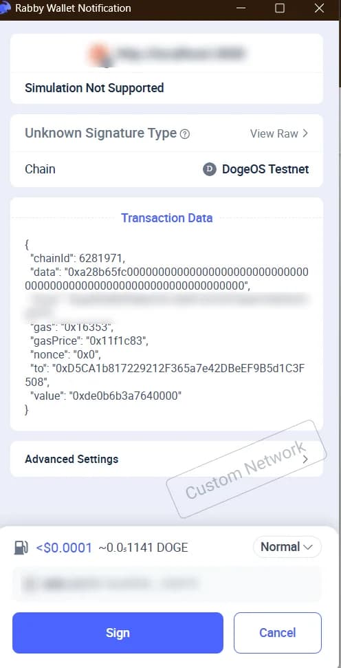 Rabby wallet confirmation for a PingGM GM on DogeOS Testnet, chain ID 6281971, with Simulation Not Supported and a Custom Network label
