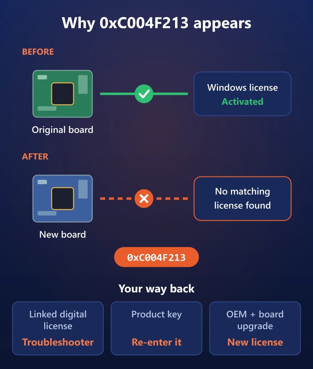 Diagram: before, the original motherboard is matched to an activated Windows license; after a new motherboard, no matching license is found and Windows shows 0xC004F213. Ways back: troubleshooter for a linked digital license, re-enter a product key, or a new license for an OEM license after a board upgrade