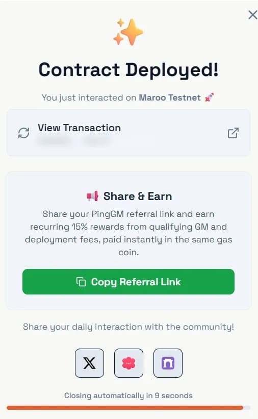 PingGM Contract Deployed dialog for Maroo Testnet with a View Transaction link