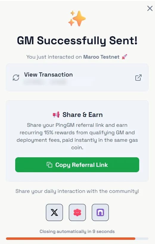 PingGM GM Successfully Sent dialog for Maroo Testnet with a View Transaction link