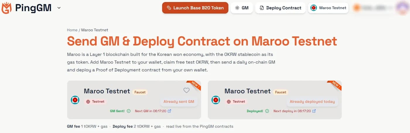 PingGM Maroo Testnet page with the daily GM card and the Proof of Deployment card after a GM and a deployment, and the 1 tOKRW GM fee and 2 tOKRW deploy fee shown below the cards