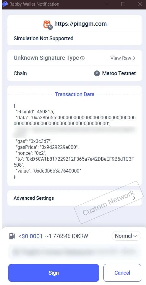 Rabby wallet confirmation for a PingGM GM on Maroo Testnet, chain ID 450815, with a 246,743 gas limit, a 1 tOKRW value and about 1.78 tOKRW of estimated gas