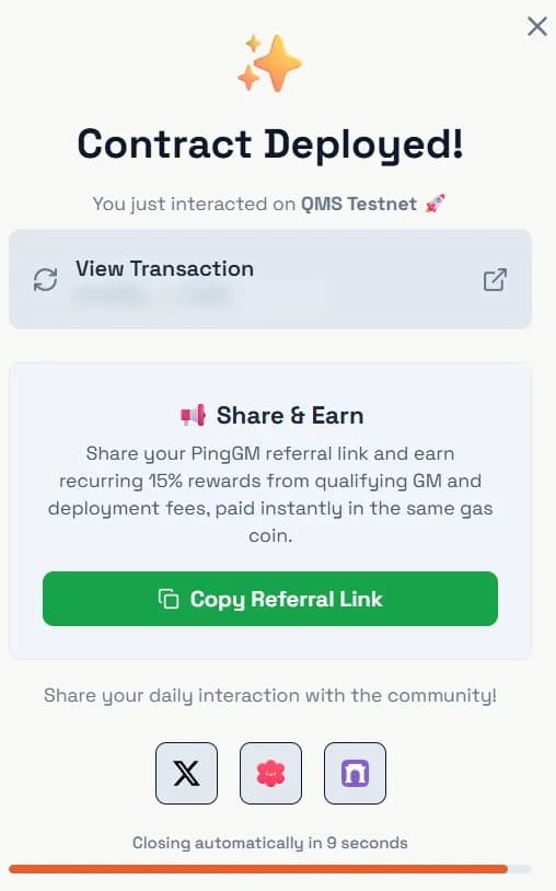 PingGM Contract Deployed dialog for QMS Testnet with a View Transaction link