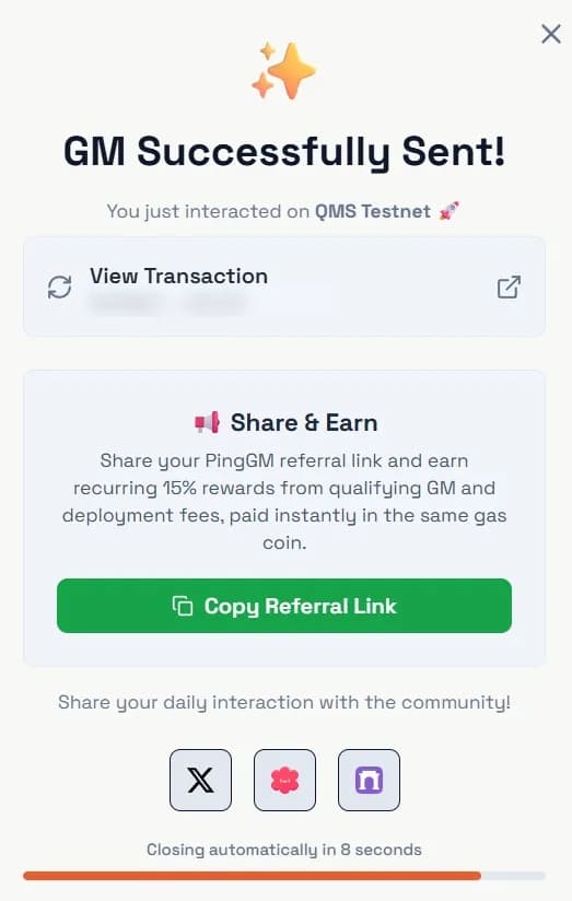 PingGM GM Successfully Sent dialog for QMS Testnet with a View Transaction link