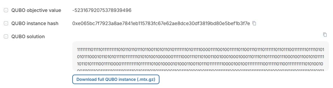 QMSScan block details showing the QUBO objective value, the QUBO instance hash, the binary QUBO solution and a Download full QUBO instance button