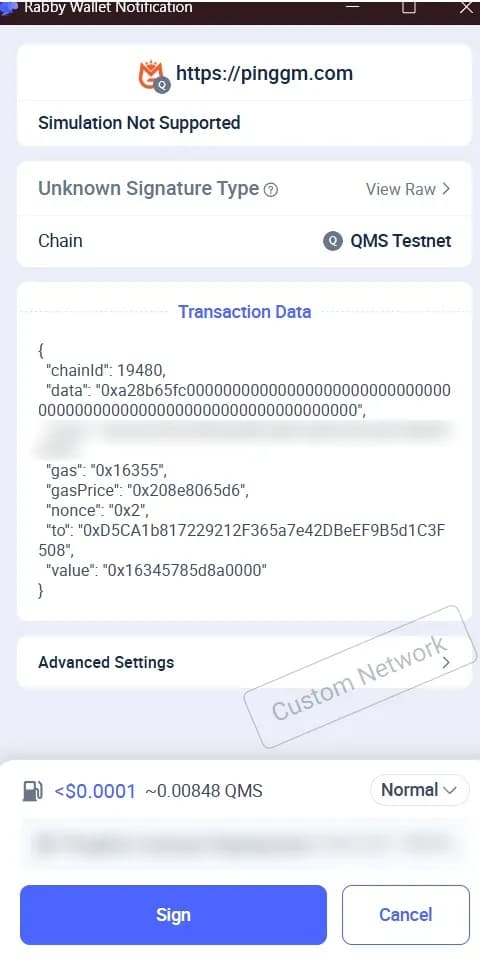 Rabby wallet confirmation for a PingGM GM on QMS Testnet, chain ID 19480, with Simulation Not Supported, a Custom Network label and a 0.1 QMS value