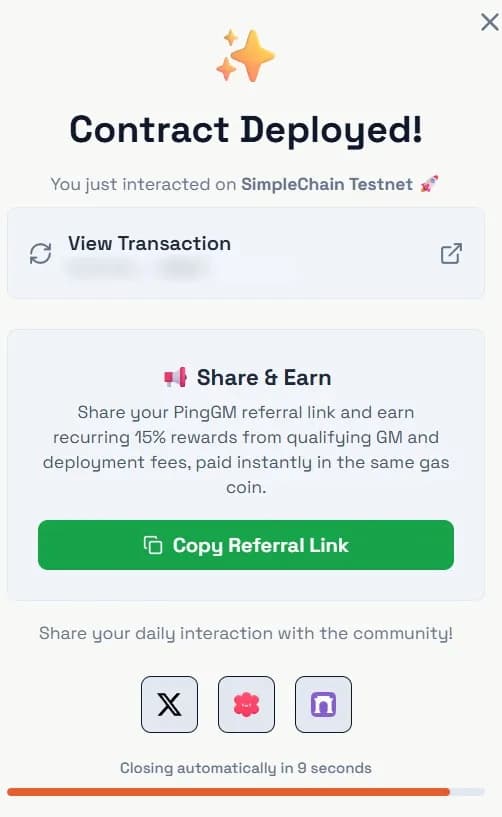 PingGM Contract Deployed dialog for SimpleChain Testnet with a View Transaction link