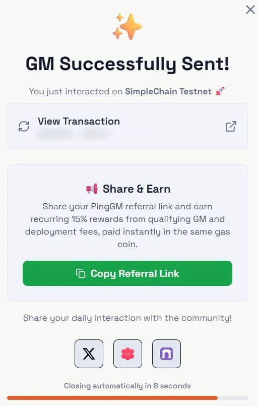 PingGM GM Successfully Sent dialog for SimpleChain Testnet with a View Transaction link