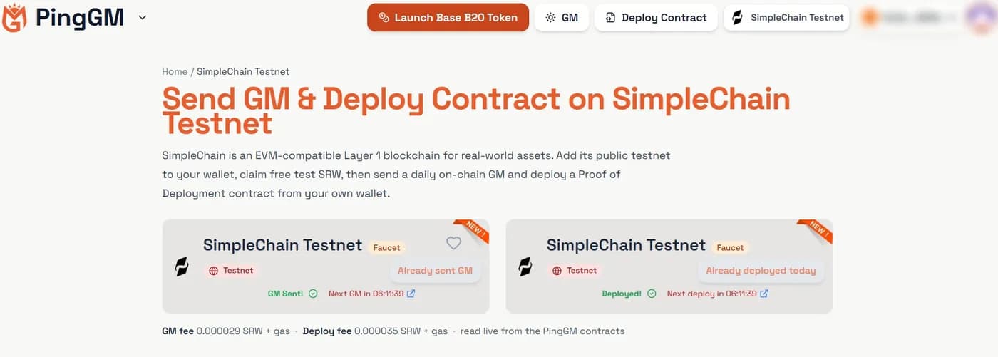 PingGM SimpleChain Testnet page with the daily GM card and the Proof of Deployment card after a GM and a deployment, and the 0.000029 SRW GM fee and 0.000035 SRW deploy fee shown below the cards