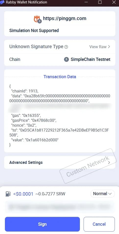 Rabby wallet confirmation for a PingGM GM on SimpleChain Testnet, chain ID 1913, with Simulation Not Supported, a Custom Network label and a 0.000029 SRW value