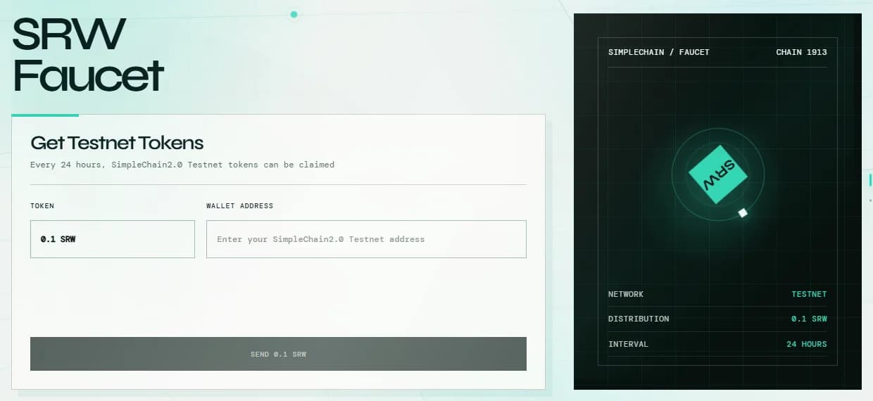 SimpleChain SRW faucet for chain 1913 with a 0.1 SRW token field, a wallet address field and a Send 0.1 SRW button, claimable every 24 hours