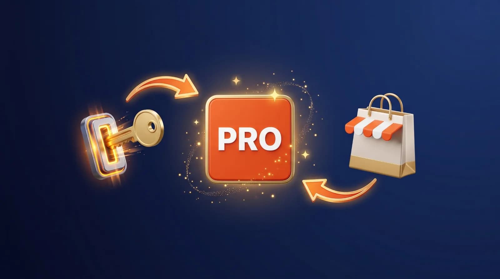 Two ways to upgrade to Windows 11 Pro: a product key going into a slot and a Microsoft Store shopping bag, both leading to a Pro tile