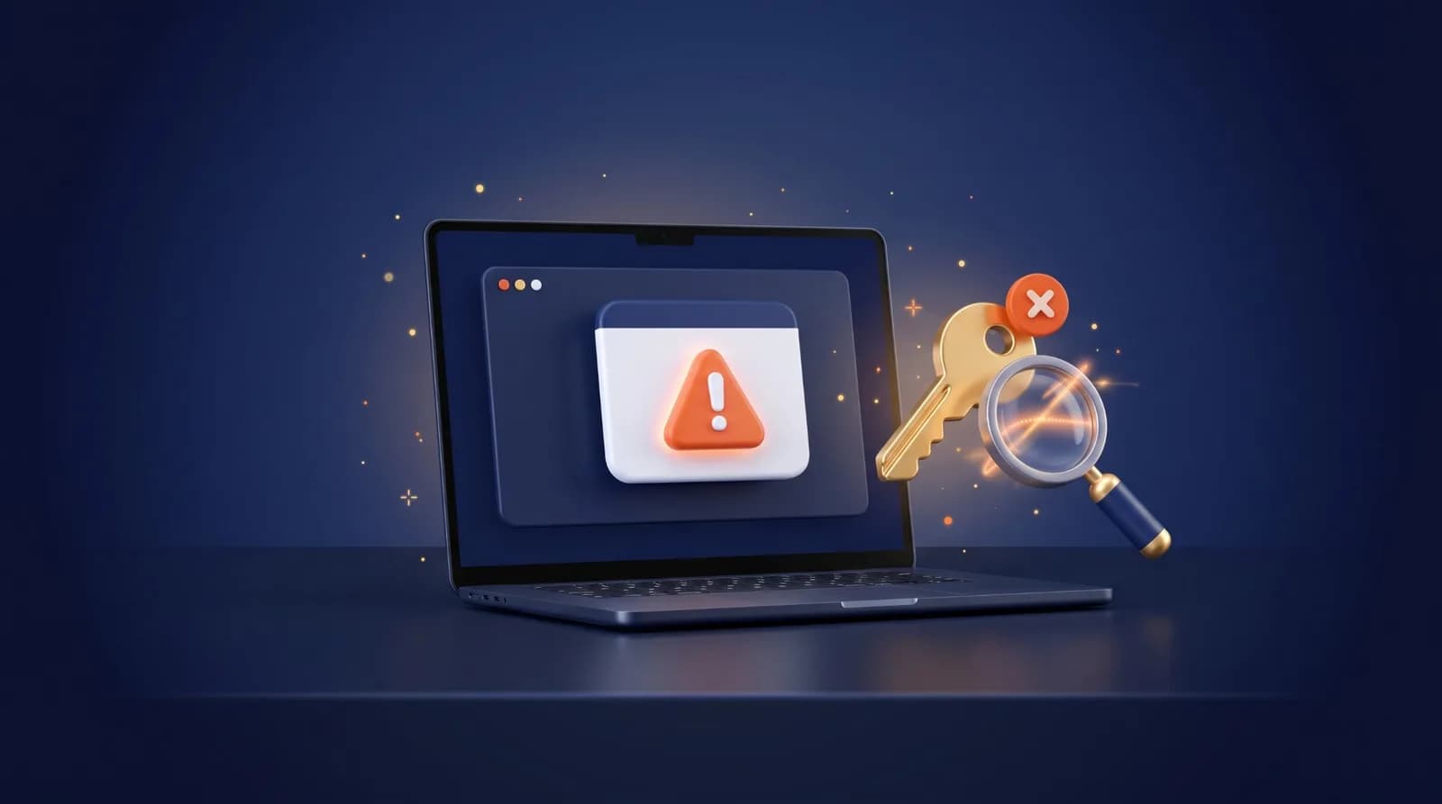 Laptop showing a warning dialog next to a rejected product key under a magnifying glass, illustrating Windows 11 Pro upgrade errors