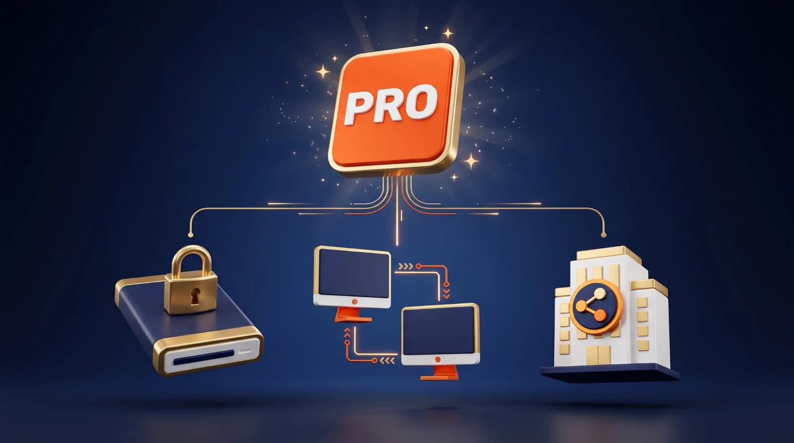 Illustration of Windows 11 Pro extras: a locked drive for BitLocker encryption, two connected screens for Remote Desktop, and an office building for joining a work network