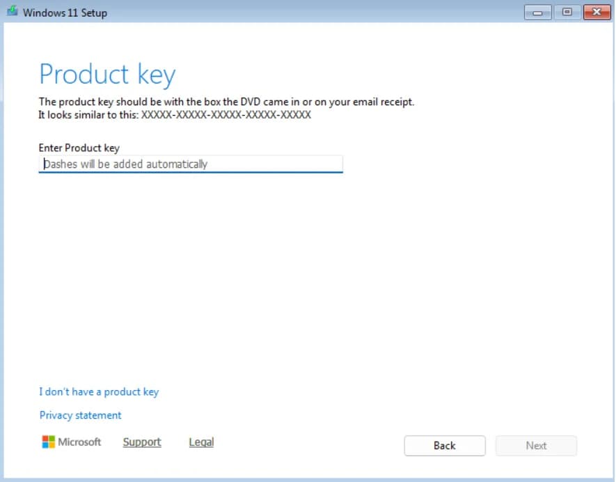 Windows 11 Setup Product key screen with an empty key field and the I don't have a product key link
