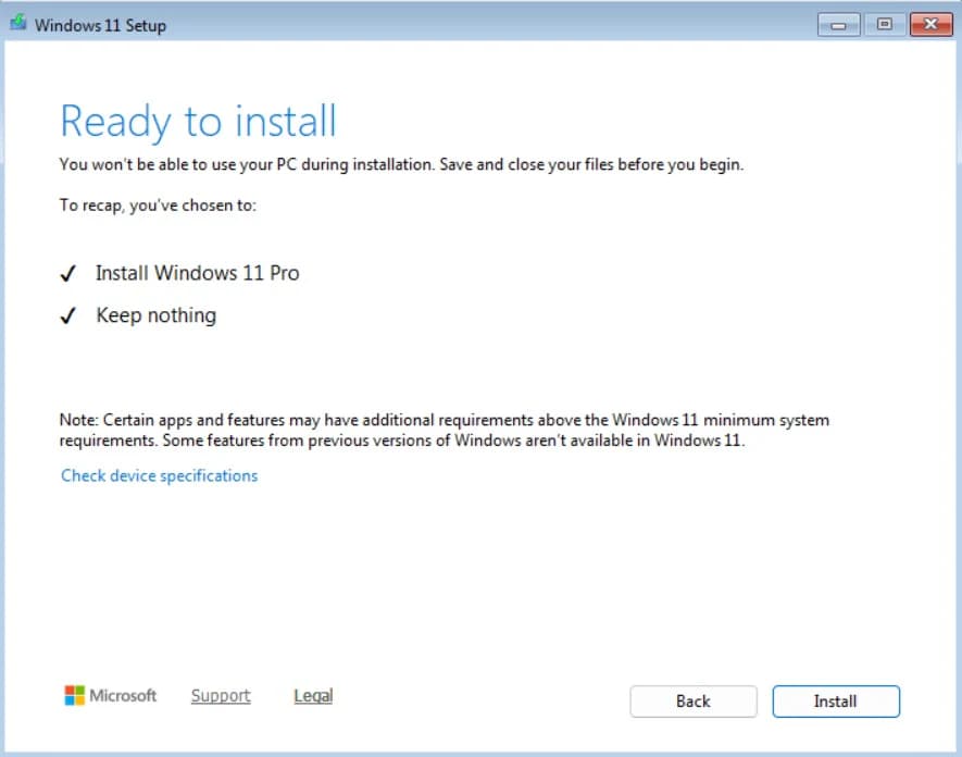 Windows 11 Setup Ready to install screen showing Install Windows 11 Pro and Keep nothing, with the Install button