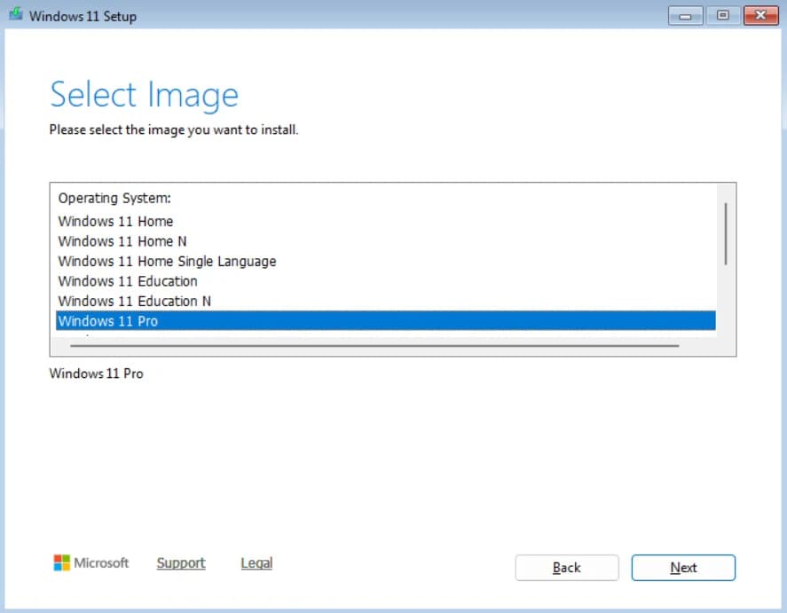 Windows 11 Setup Select Image screen listing Windows 11 editions with Windows 11 Pro selected