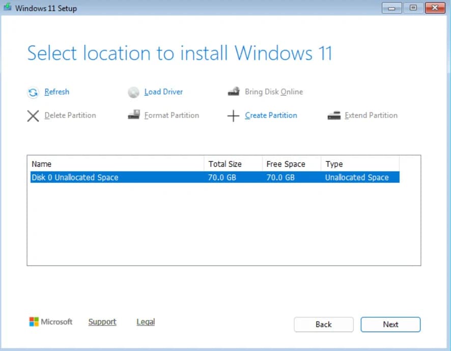 Windows 11 Setup Select location to install Windows 11 screen with Disk 0 Unallocated Space selected